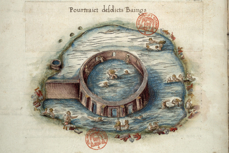 Bains de Bourbon-Lancy. Miniature from Générale description du pais et duché de Bourb..., 1561-1574. Creator: Anonymous master.