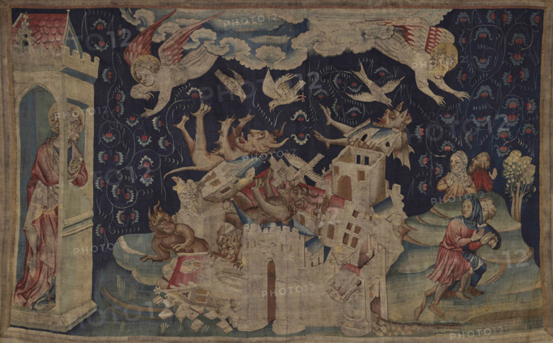 The Apocalypse Tapestry, Scene 66: The fall of Babylon Invaded by Demons, Between 1373 and 1380. Creator: Bondol, Jan (active 1368-1381).