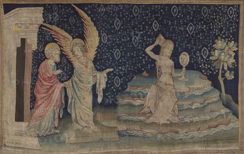 The Apocalypse Tapestry, Scene 64: The Great Whore that sits upon many waters, Between 1373 and 1380 Creator: Bondol, Jan (active 1368-1381).