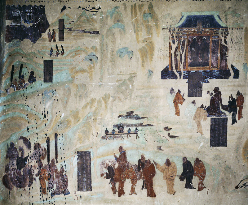 The travel of Zhang Qian to the West. North wall fresco in Mogao Cave 323, 8th century. Creator: Chinese Master.