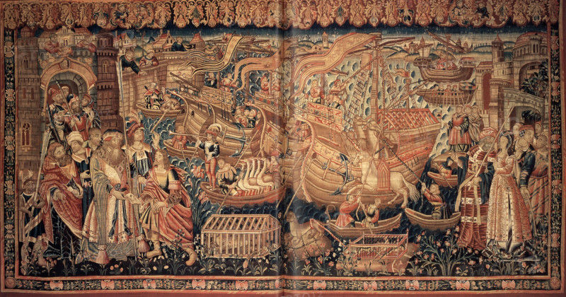 Unloading of Goods: Vasco da Gama's arrival at Calicut (Tapestry), 1504. Creator: Anonymous master.