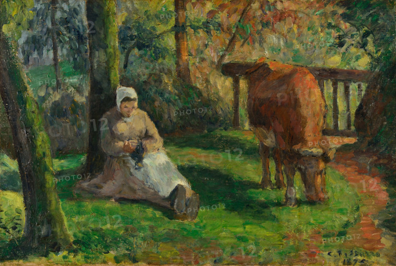 Peasant Woman and Cow, Montfoucault, 1875. Creator: Pissarro, Camille (1830-1903).