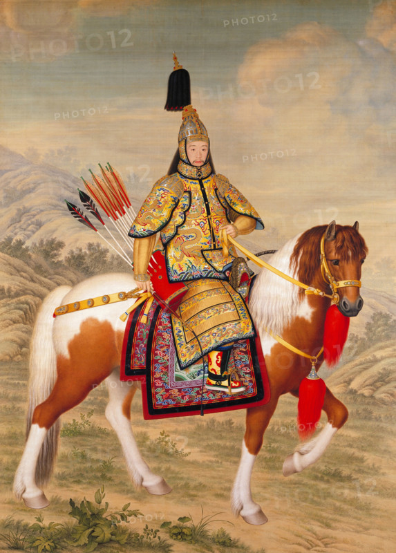 The Qianlong Emperor in Ceremonial Armor on Horseback. Creator: Castiglione, Giuseppe (1688-1766).