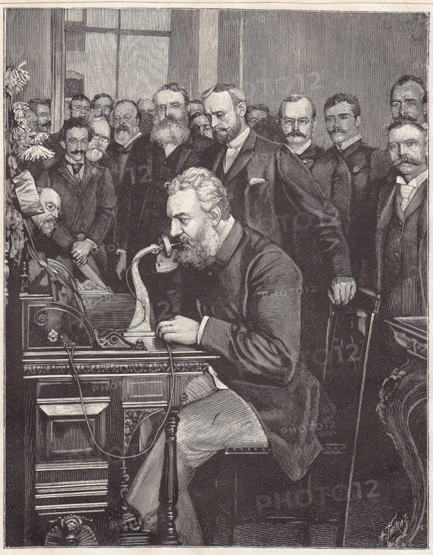 Graham Bell inaugurates the new telephone line from New York to Chicago, 1892. Creator: Thiriat, Henri (1843-1926).