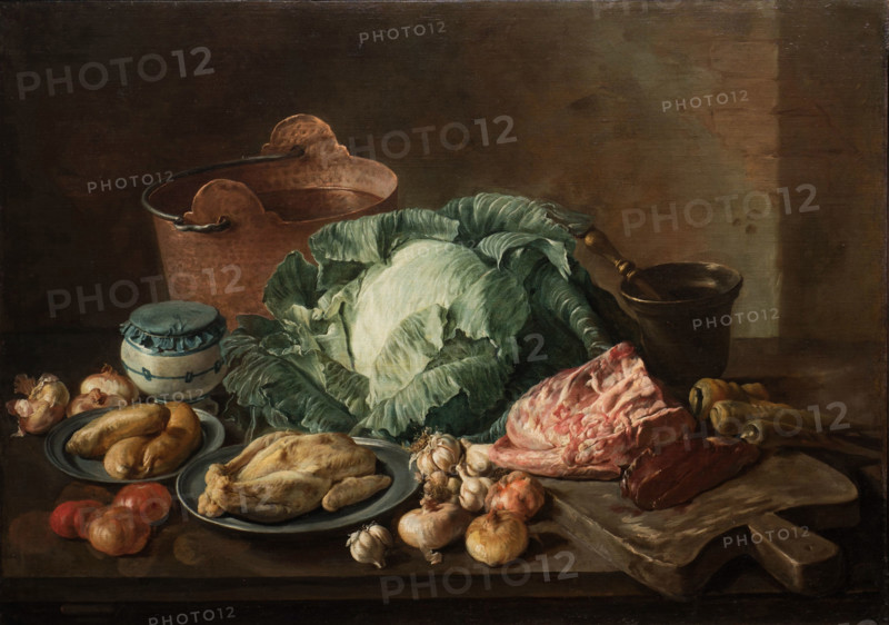 A kitchen still life with meat and vegetables on a table top. Creator: Ceruti, Giacomo Antonio (1698-1767).