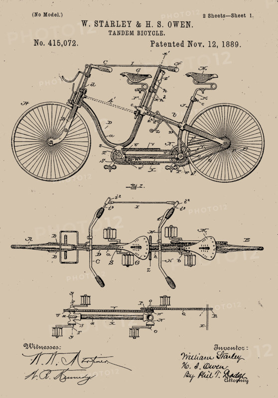 Tandem Bicycle 1889 Patent, 1889. Creator: W. Starley & H. S. Owen.