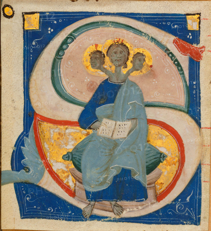 Initial "S" with miniature of the Trinity as singer with three heads, before 1400. Creator: Anonymous.