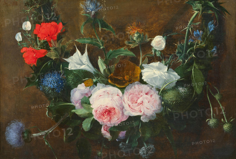 Flower garland with roses and thistles, 17th century. Creator: Hecke, Jan van den (1620-1684).