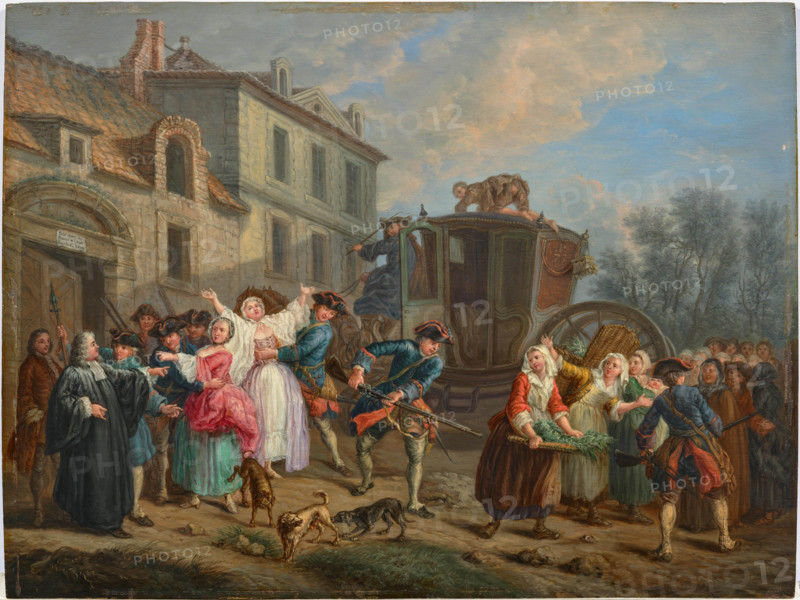 Parisian city scenes: arrest of prostitutes by the Provost Marshal and his guards, Mid 18th cent. Creator: Jeaurat, Etienne (1699-1789).