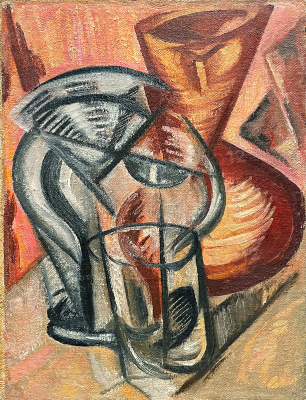 Ceramic vase and glass vessels, Early 1910s. Creator: Rozanova, Olga Vladimirovna (1886-1918).