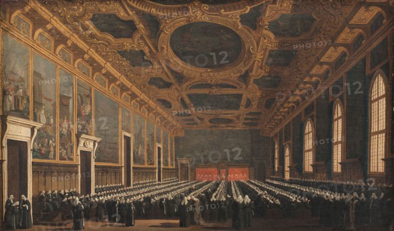 The Doge and Grand Council in Sala del Maggior Consiglio, c1763. Creator: Canaletto (1697-1768).