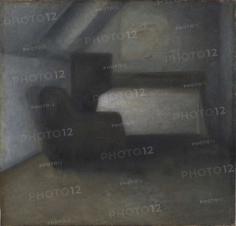 Attic room with table and chair. Creator: Hammershøi, Vilhelm (1864-1916).
