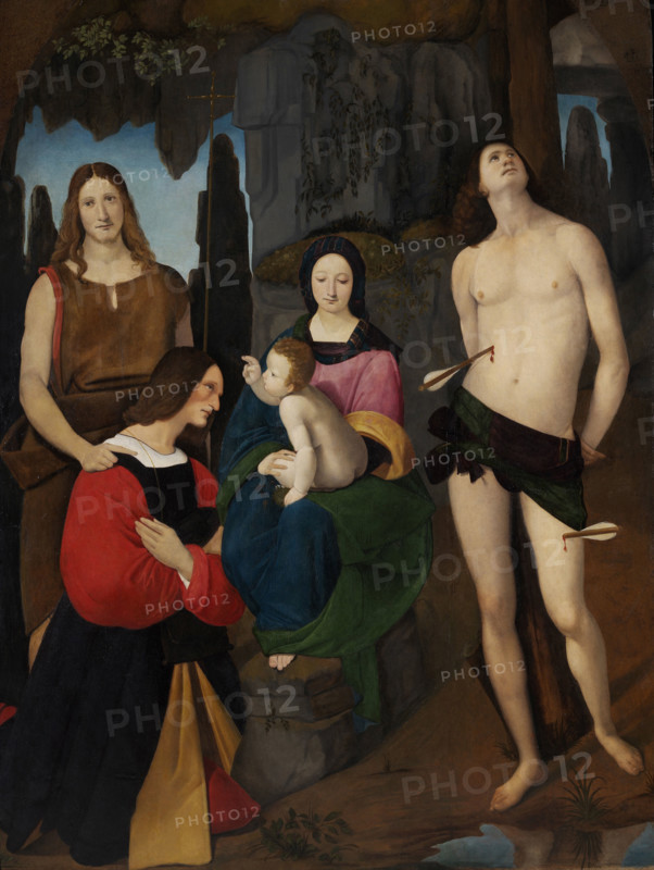 Madonna and Child with Saint John the Baptist, Saint Sebastian and Donor Bassiano Da Ponte, c.1508. Creator: Boltraffio, Giovanni Antonio (1467-1516).