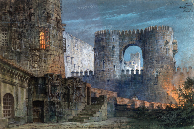 The fortress Castellor. Stage design for the opera Il trovatore by Giuseppe Verdi, 1902. Creator: Rota, Vittorio (1864-?).