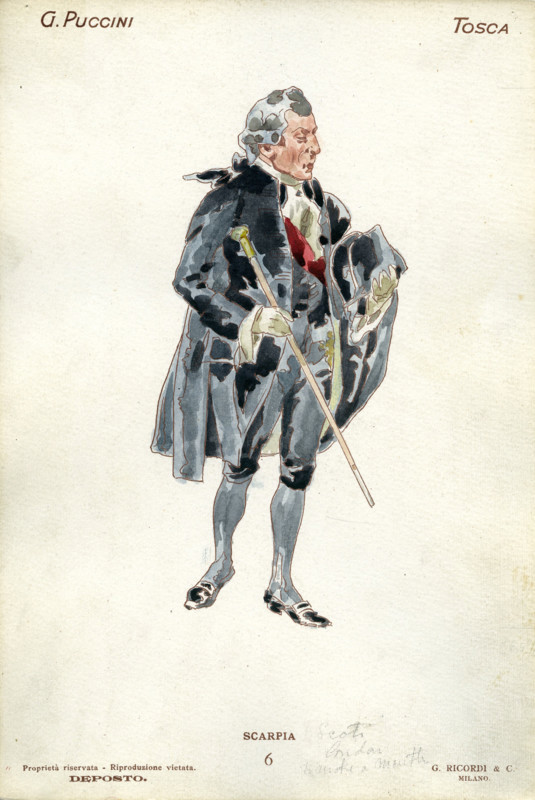 Costume design for the opera Tosca by Giacomo Puccini, 1900. Creator: Hohenstein, Adolfo (1854-1928).