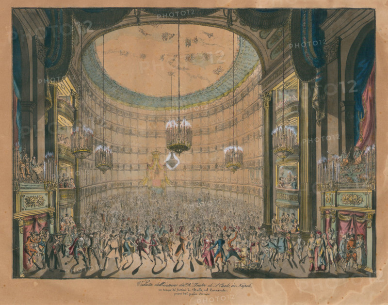 Royal Theatre of San Carlo in Naples during Carnival, seen from the stage, 1827. Creator: Anonymous.