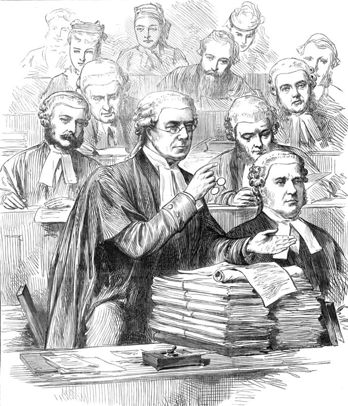 The Tichborne Trial: Mr. Hawkins addressing the jury, 1874. Creator: Unknown.