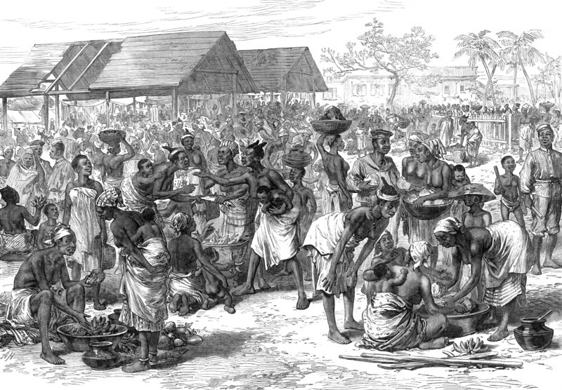 The Ashantee War: general market, Cape Coast Castle - from a sketch by our special artist, 1874. Creator: Unknown.