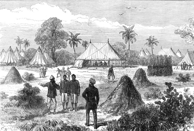 The Ashantee War: Captain Glover's head-quarters at Addah, from a sketch by our special artist, 1874 Creator: C. R..