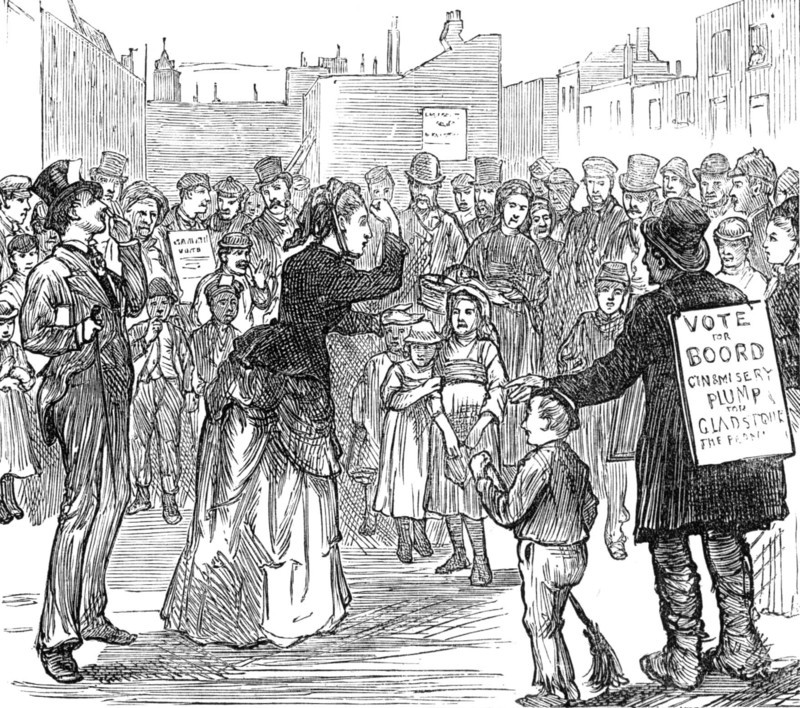 Metropolitan Boroughs election sketches: Woman's Rights, 1874. Creator: Unknown.