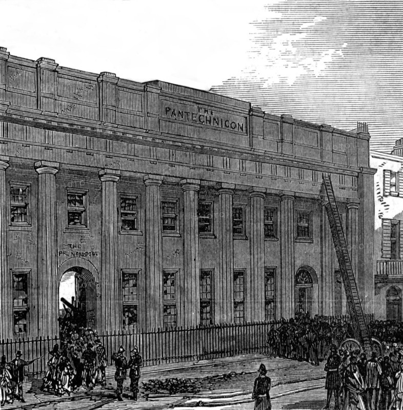 The Burning of the Pantechnicon: the Motcomb-Street front, 1874. Creator: Unknown.