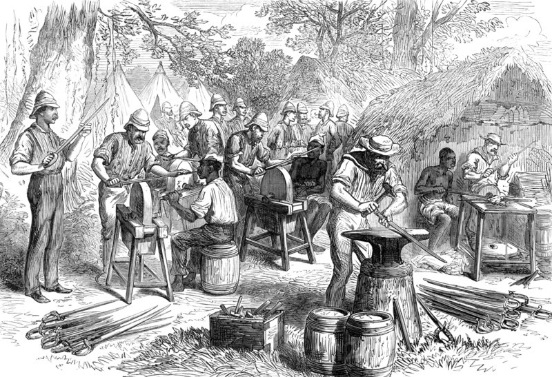 The Ashantee War: sharpening cutlasses...at Prah-Su, from a sketch by our special artist, 1874. Creator: Unknown.