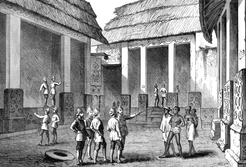 The Ashantee War: interior of Adansi chief's palace, Fomannah...officers selecting quarters, 1874. Creator: Unknown.