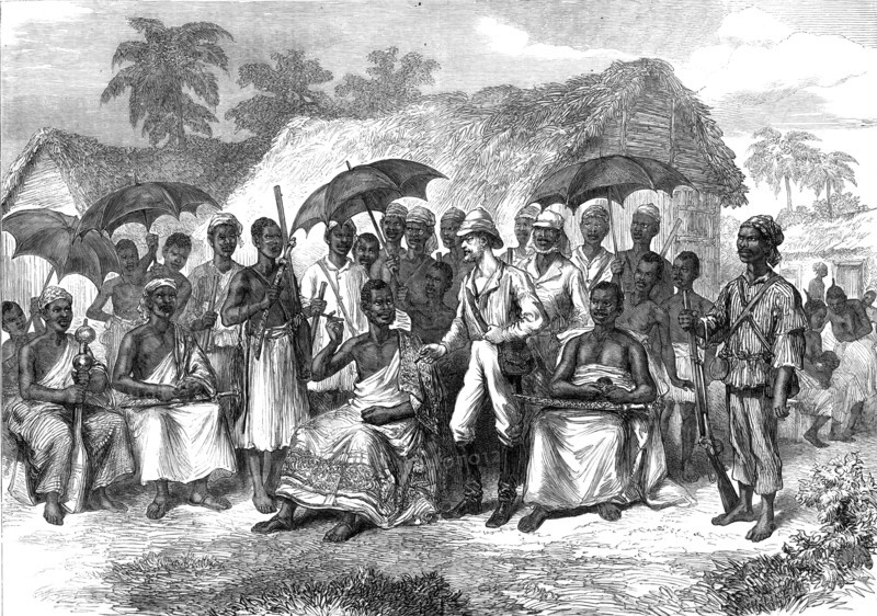 The Ashantee War: a conference with a native king, from a sketch by our special artist, 1874. Creator: Unknown.