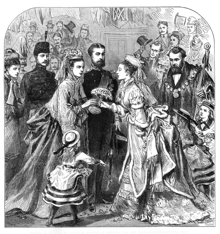 Arrival of the Duke and Duchess of Edinburgh at Gravesend:...presenting a bouquet to the bride, 1874 Creator: Unknown.