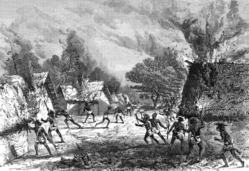 Sketches of the Ashantee War by our special artist: setting fire to a village, 1874. Creator: Unknown.