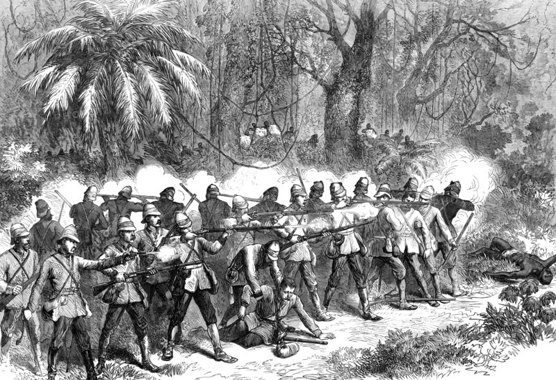 The Ashantee War: the 42nd Highlanders in the front - from a sketch by our special artist, 1874. Creator: Unknown.