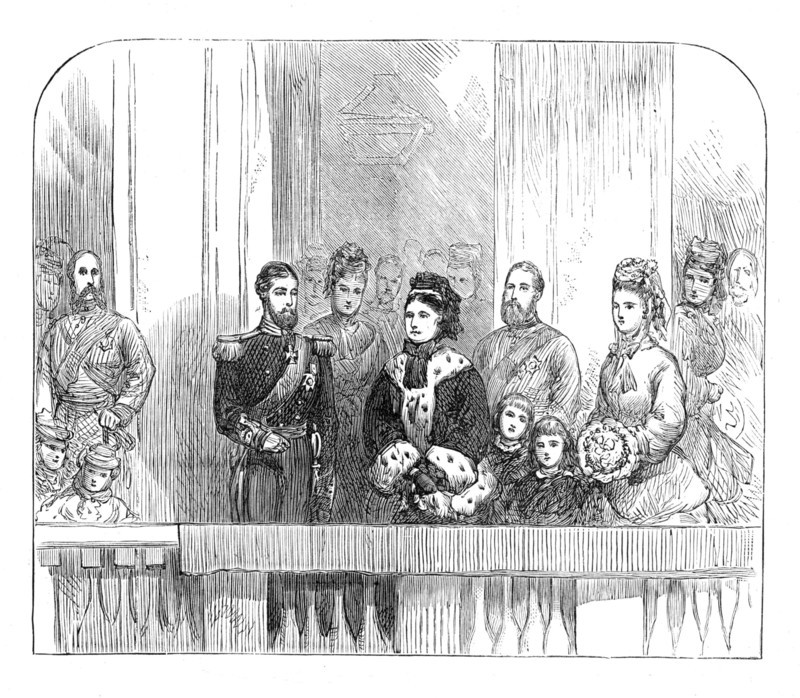 The Queen and Duke and Duchess of Edinburgh at the balcony at Buckingham Palace, 1874. Creator: Unknown.