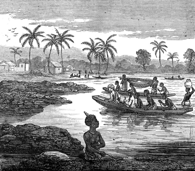 The Ashantee War: our artist crossing the Sweet River, near Elmina, 1874. Creators: Unknown, Melton Prior.