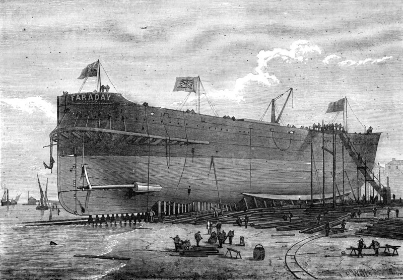 Launch of the Faraday, telegraph cable ship, 1874. Creator: Josiah Robert Wells.