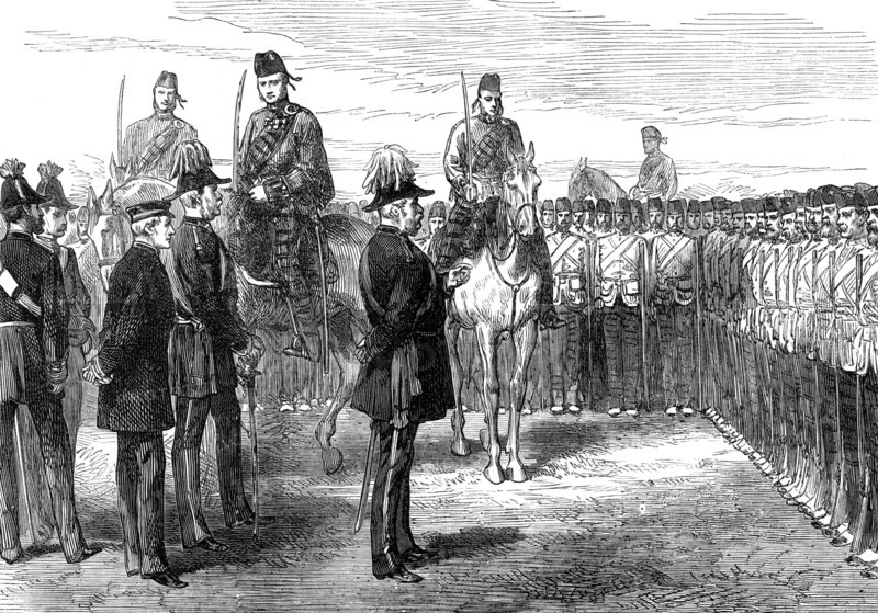...troops from the Ashantee War: the Duke of Cambridge addressing the 42nd Highlanders, 1874. Creator: Unknown.