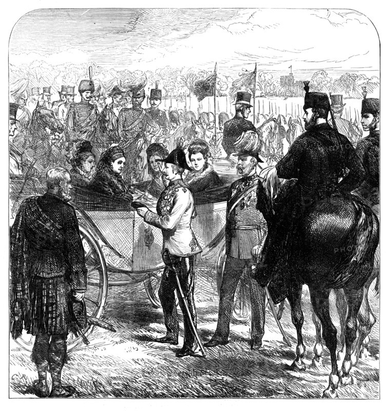 Review at Windsor: the Queen presenting the Cross of...St. George to Sir Garnet Wolseley, 1874. Creator: Unknown.