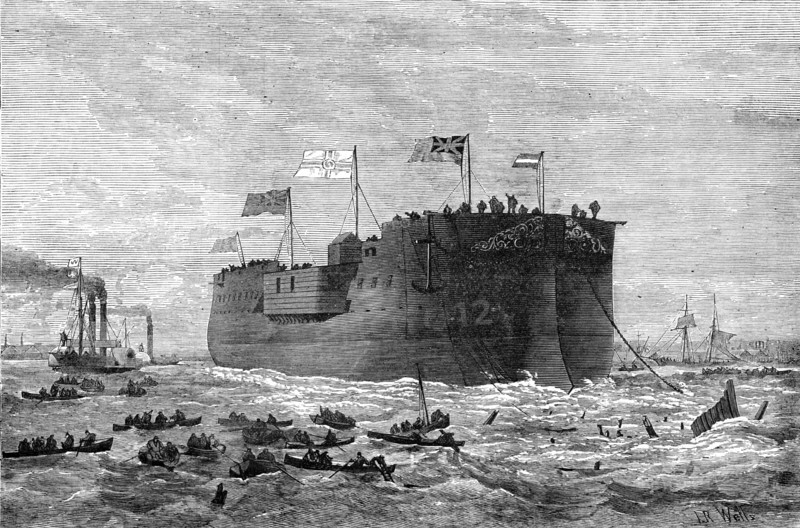 Launch of the German frigate Kaiser at Poplar, 1874. Creator: Josiah Robert Wells.