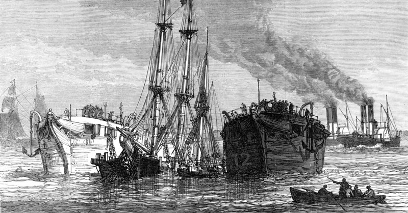 Raising a sunken Indiaman in the Thames, near Gravesend, 1874. Creator: Unknown.