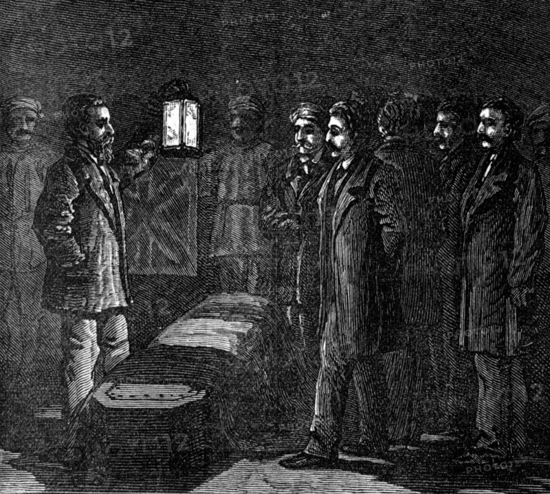 Arrival of Dr. Livingstone's remains: the coffin as it lay in the Malwa, 1874. Creator: Unknown.