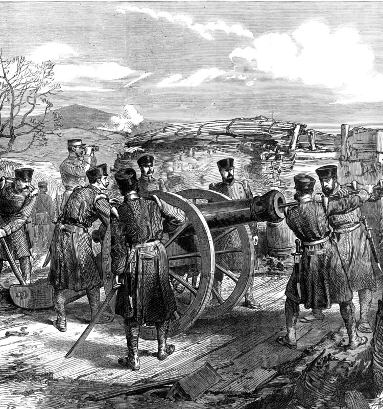 The War in Spain: a sketch in the battery of San Lorenzo, near Bilbao, 1874. Creator: Unknown.