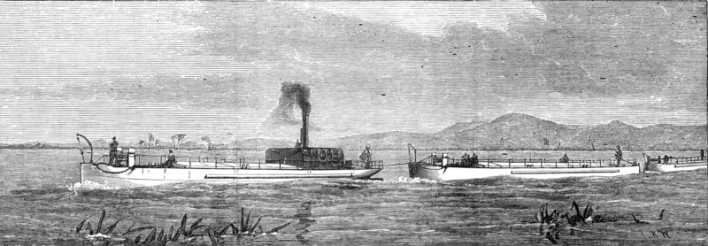 The Indian Famine: steam-tugs and lighters for conveying grain, 1874. Creator: Unknown.