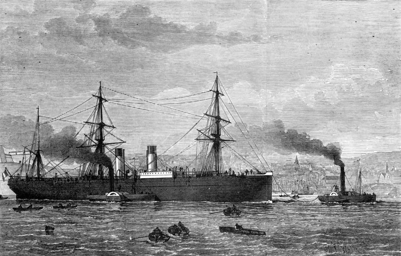 The French Transatlantic Company's steam-ship Amerique towed into Plymouth, 1874. Creator: Josiah Robert Wells.