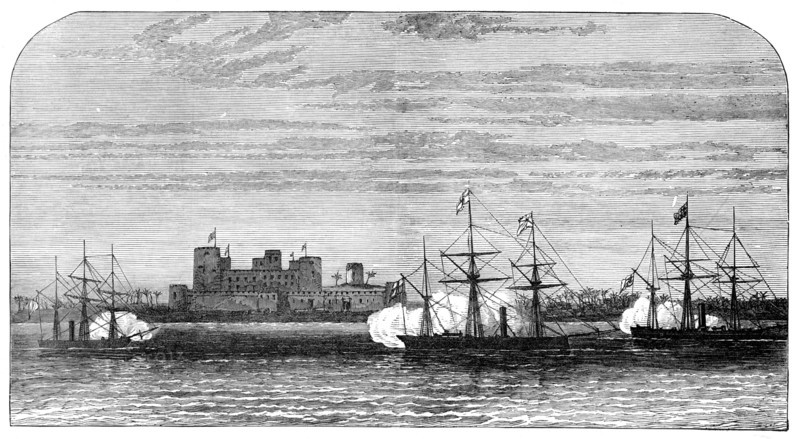 Bombardment of Fort Masnaah, Gulf of Oman, 1874. Creator: Unknown.