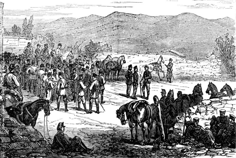 The Civil War in Spain: Serrano and his staff at Montellano, 1874. Creator: Unknown.