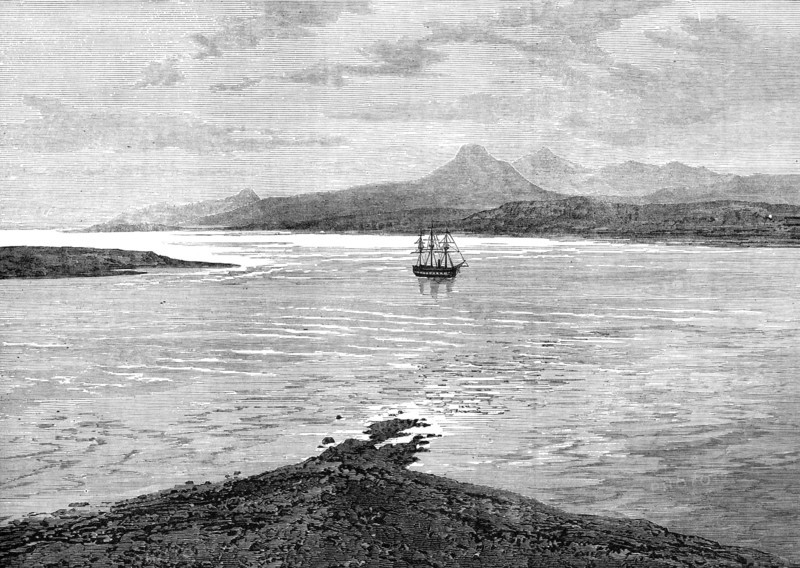 The Ocean Depth Exploring Voyage: H.M.S. Challenger at anchor in Royal Sound, Kerguelen Land, 1874. Creator: Unknown.