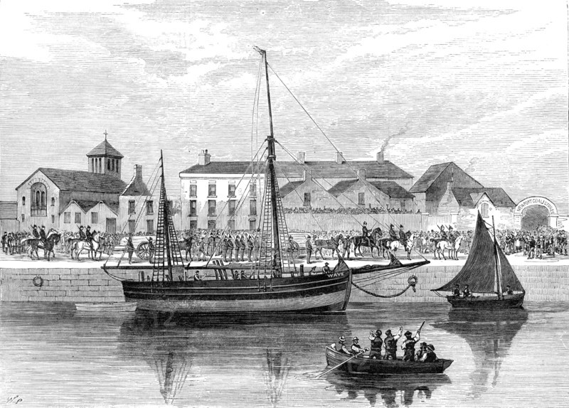 The boycotted smack Wave, under police guard at Cork, 1881. Creator: Unknown.