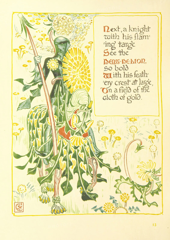 Next, a knight with his flaming targe See the Dent-De-Lion so bold, 1899. Creator: Walter Crane.