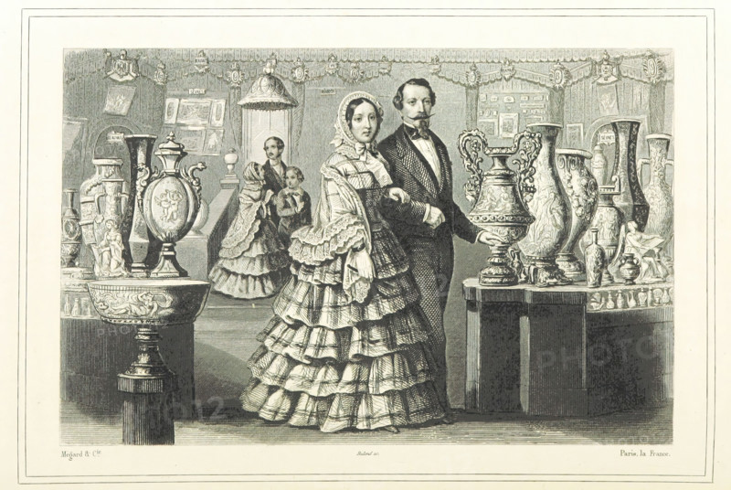Well-to-do French couple looking at vases, 1865.  Creator: Unknown.