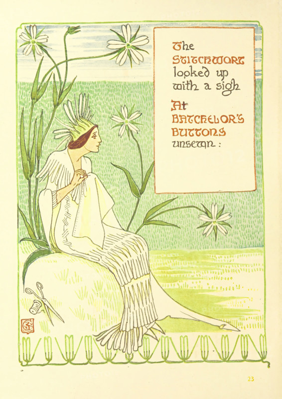 The Stitchwort looked up with a sigh At the Batchelor's Buttons unsewn;, 1899.  Creator: Walter Crane.