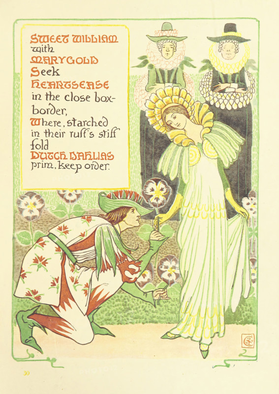 Sweet William with Marygold Seek Heartsease in the close box-border...,  1899. Creator: Walter Crane.